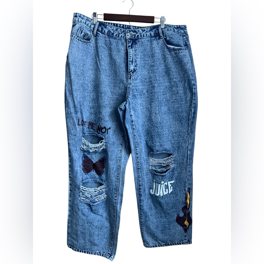 LW Streetwear Letter Print Ripped Distressed Blue Jeans 4 XL